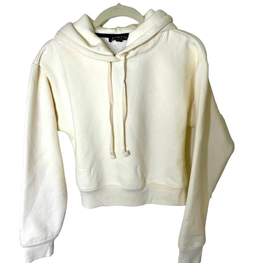 NEW J. Crew Ivory Cream Heritage Fleece Cropped Hoodie Sweatshirt XXS‎ BW072